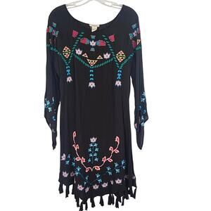 Sundance Black Western Embroidered Gauzy Dress with Tassel Size Small Tribal